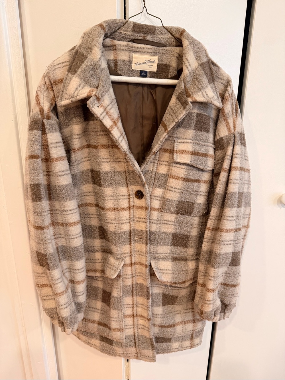 Universal Thread Plaid Teddy Jacket in Beige and Brown